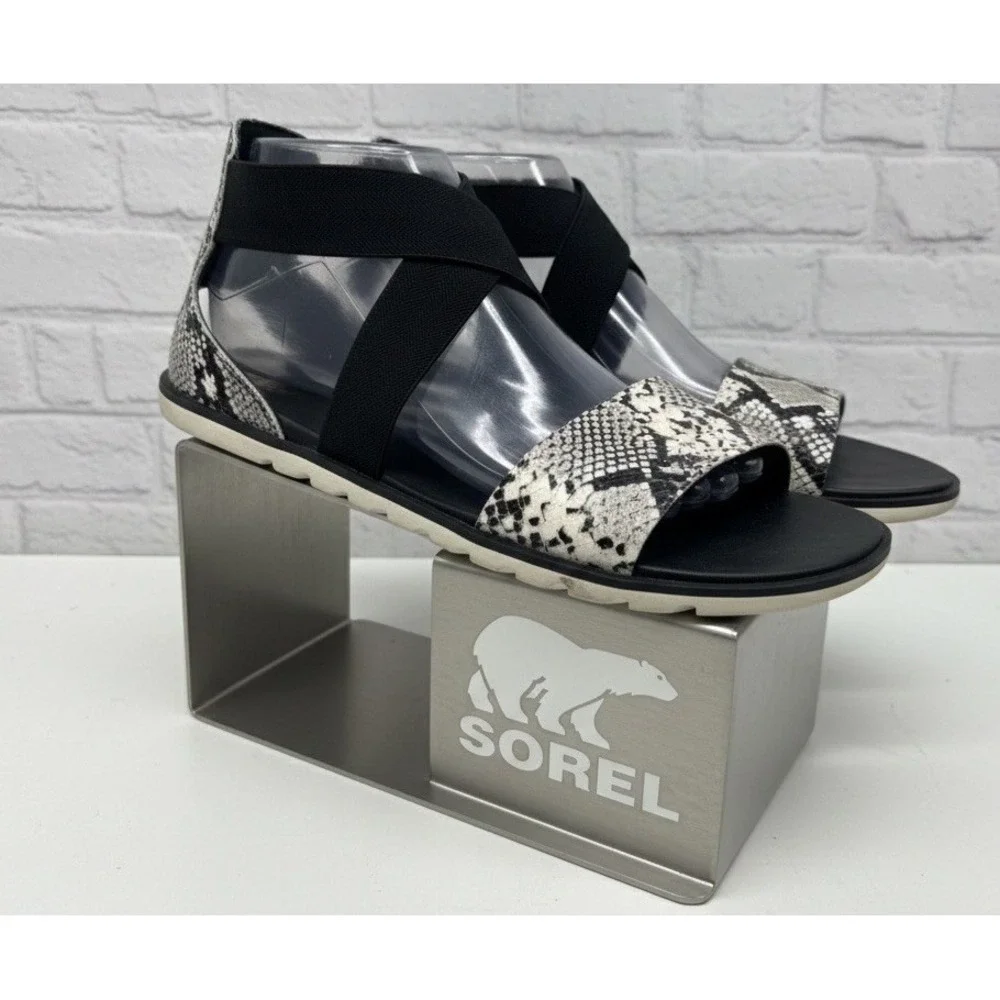 🔥Sorel Ella 🖤Sandal Women's 11 Snakeskin Print Black Gladiator Elastic Straps